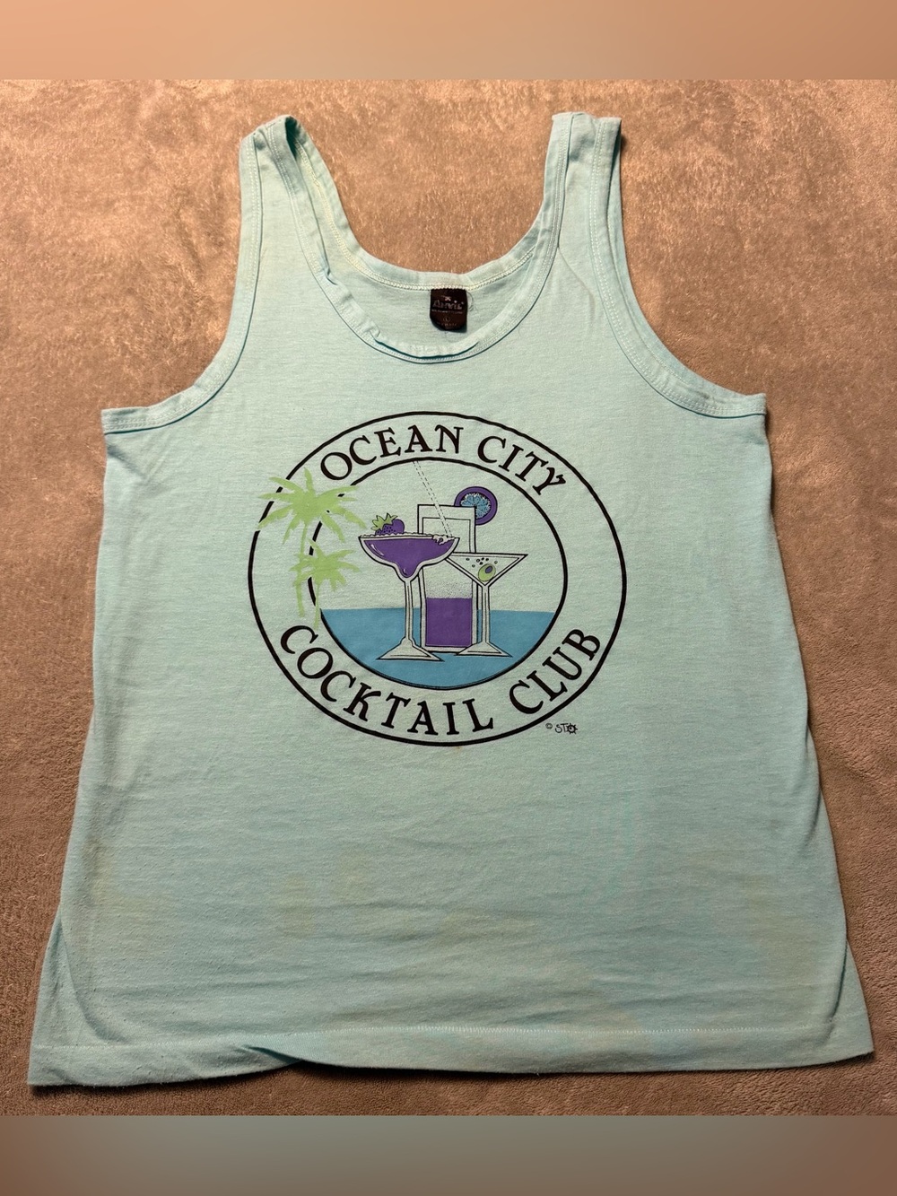 Vintage 80’s Ocean City Maryland Cocktail Club Tank Top Large Single Stitch Teal